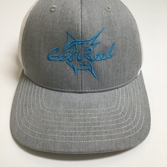Get Reel Snapback Fishing Hat Cap Mesh Back Marlin Gray Aqua Blue Deep Sea FL - Picture 9 of 14